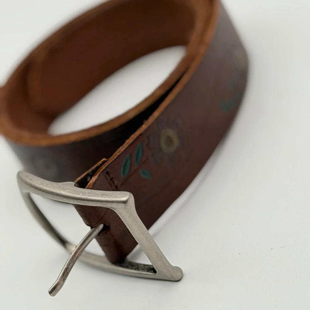 Brown Leather Floral Embossed Belt Silver Tone Buckle Western Boho Hand Painted